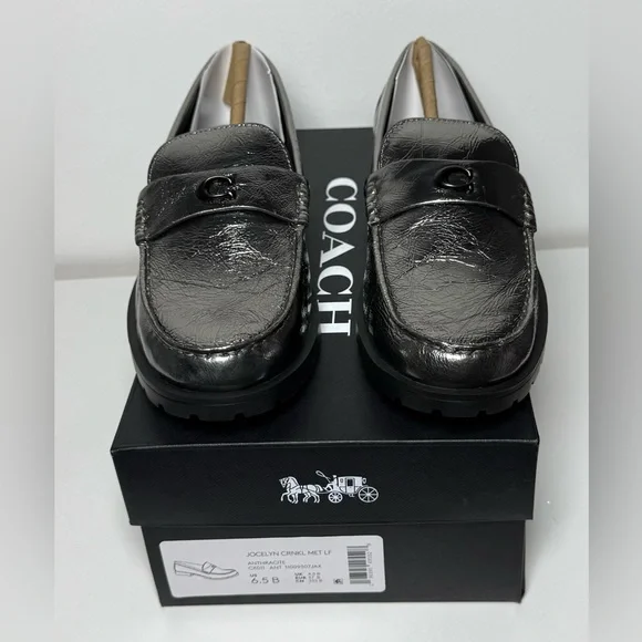 Coach NIB Metallic Silver Anthracite Jocelyn Crinkle Loafers - Picture 6 of 14